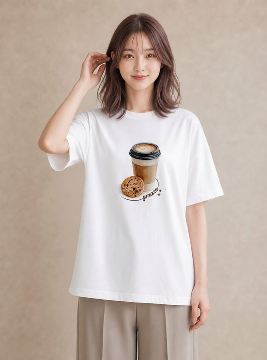 プリントTシャツ レディース コーヒー 珈琲 カフェ 食べ物 フード イラスト ユニーク 通学 誕生日プレゼント 白T YMAZO