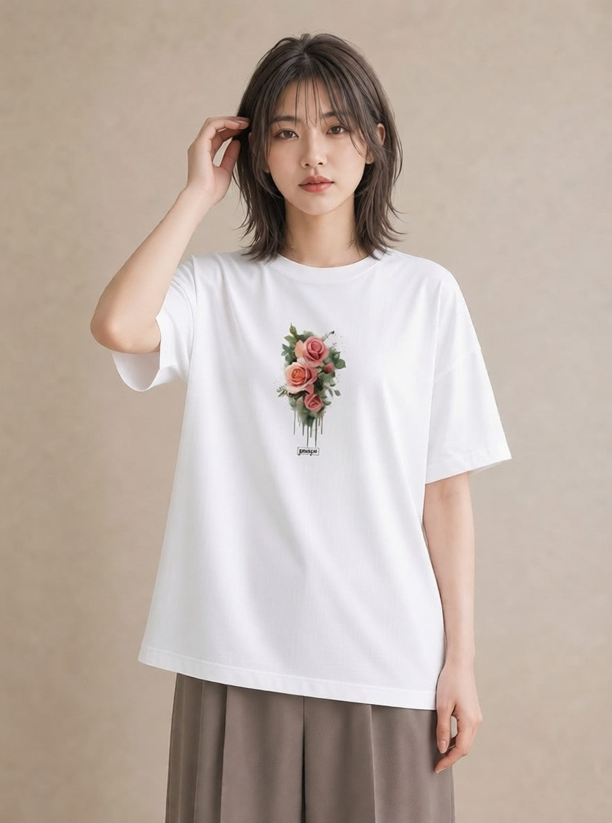 半袖Tシャツ レディース 花 花柄 イラスト 抜け感 通学 誕生日プレゼント 白T YMAZO