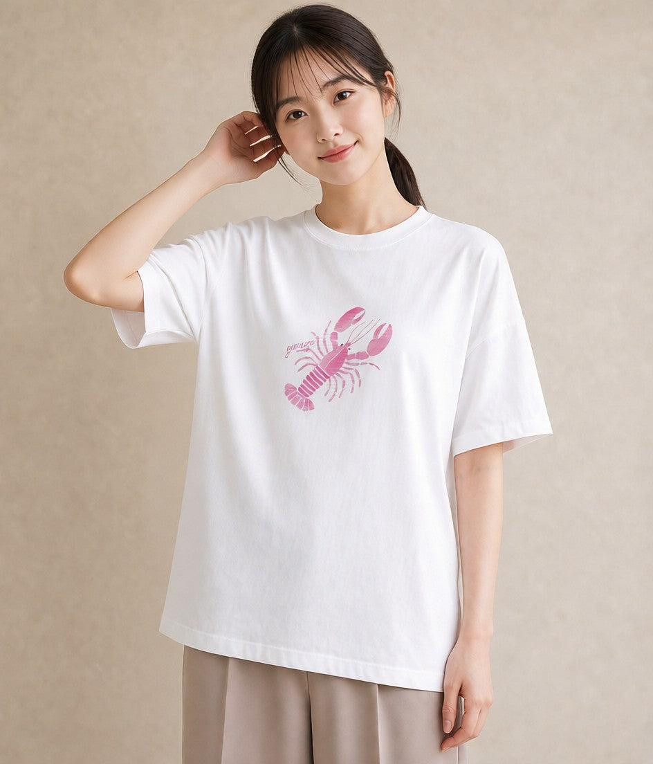 プリントTシャツ レディース エビ 海の生き物 海 イラスト 北欧風 旅行 母娘コーデ 白T YMAZO