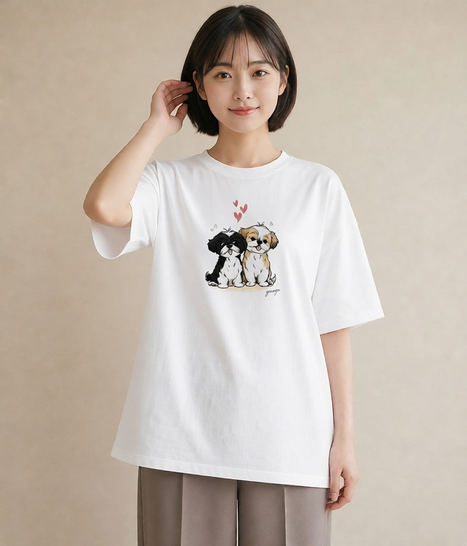 半袖Tシャツ レディース 狆 犬 いぬ イラスト ガーリー 綿100 デート 白T YMAZO