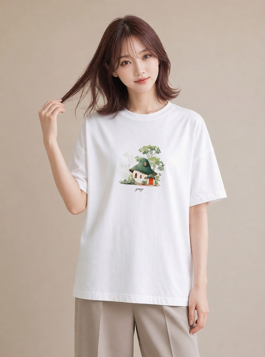 半袖Tシャツ レディース 遠い家と鳥 風景 鳥 ナチュラル アンティーク イラスト カフェコーデ 部屋着 女性向けギフト 白T YMAZO