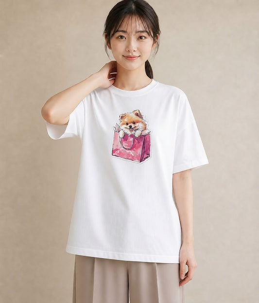 半袖Tシャツ レディース ポメラニアン ポメ 犬 いぬ イラスト ミニマル お出かけ 普段着 白T YMAZO