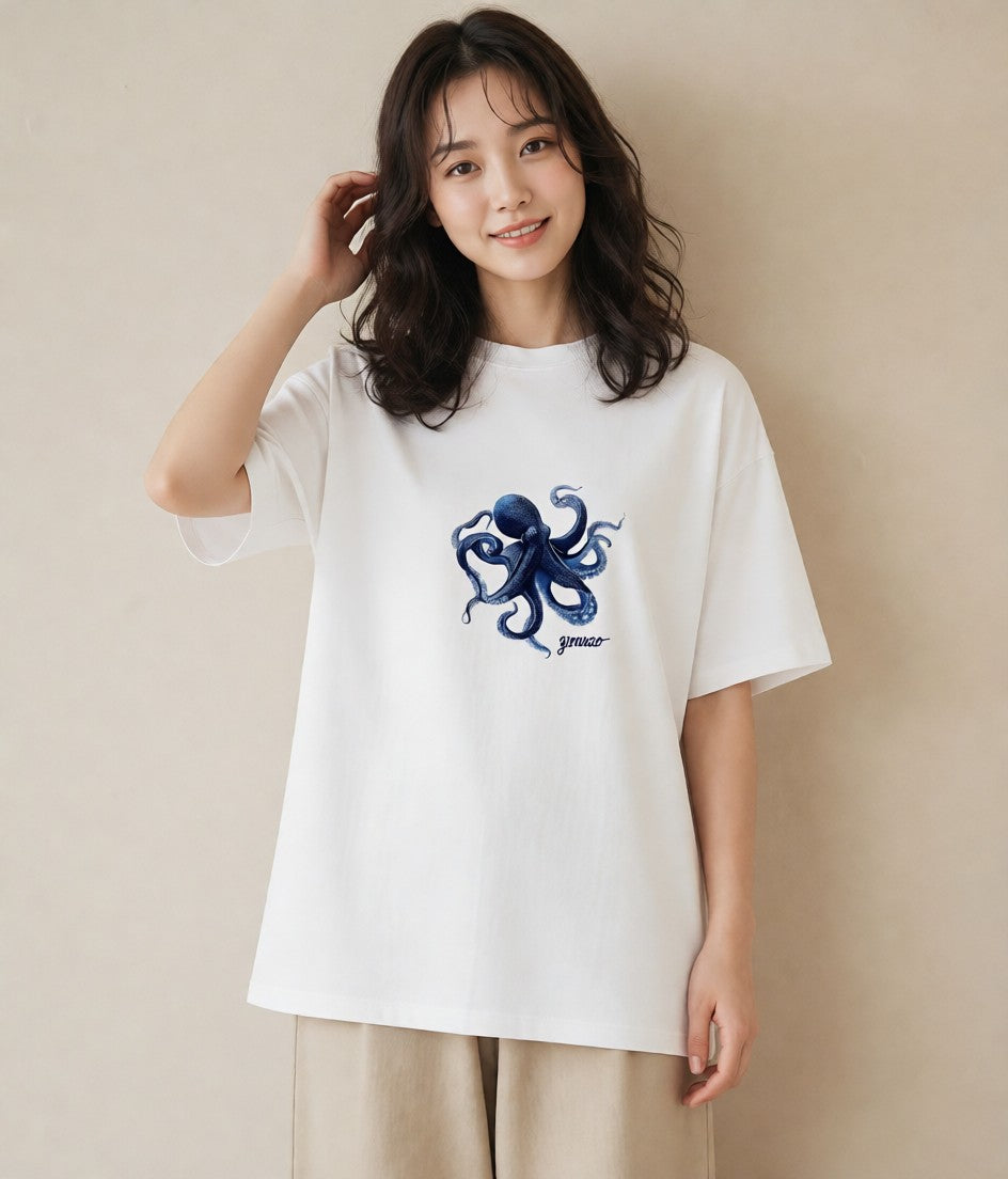 半袖Tシャツ レディース イカ 海の生き物 海 イラスト モード カフェ巡り 白T YMAZO