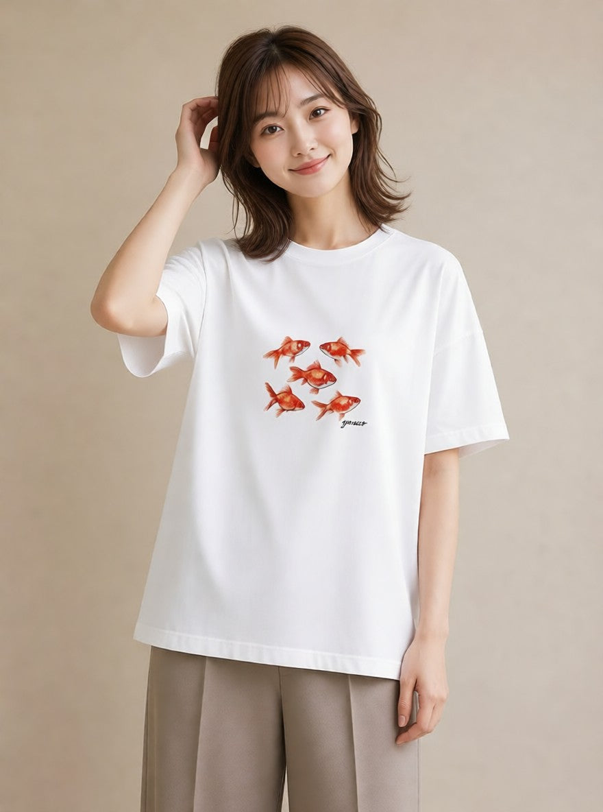 デザインTシャツ レディース 出目金 ペット 動物 イラスト お洒落 週末コーデ 敬老の日 白T YMAZO