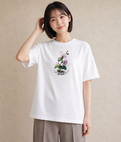 Tシャツ レディース クローバー 四つ葉 花 花柄 イラスト ラフカジュアル 社会人 女性 白T YMAZO