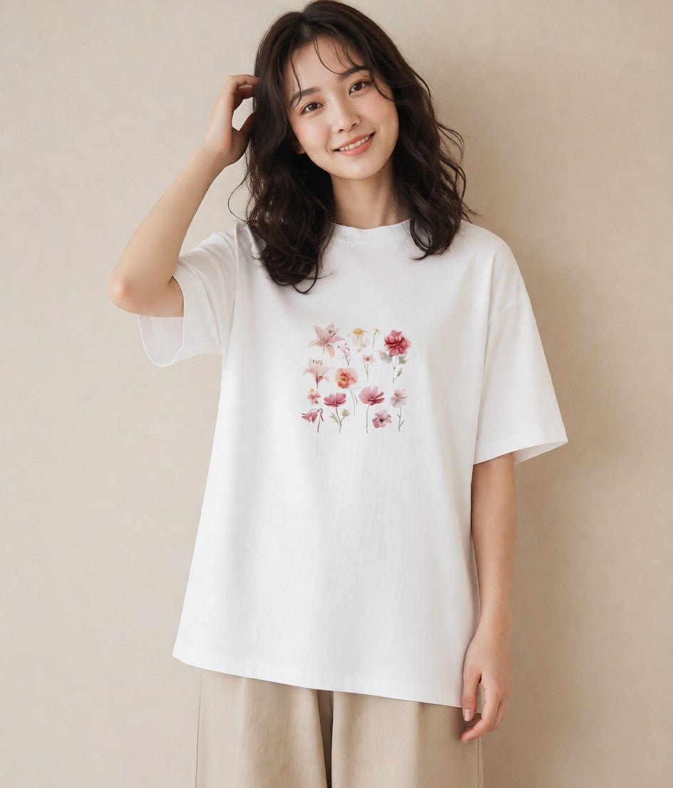 プリントTシャツ レディース コスモス 秋桜 花 花柄 イラスト 韓国風 部屋着 女性向けギフト 白T