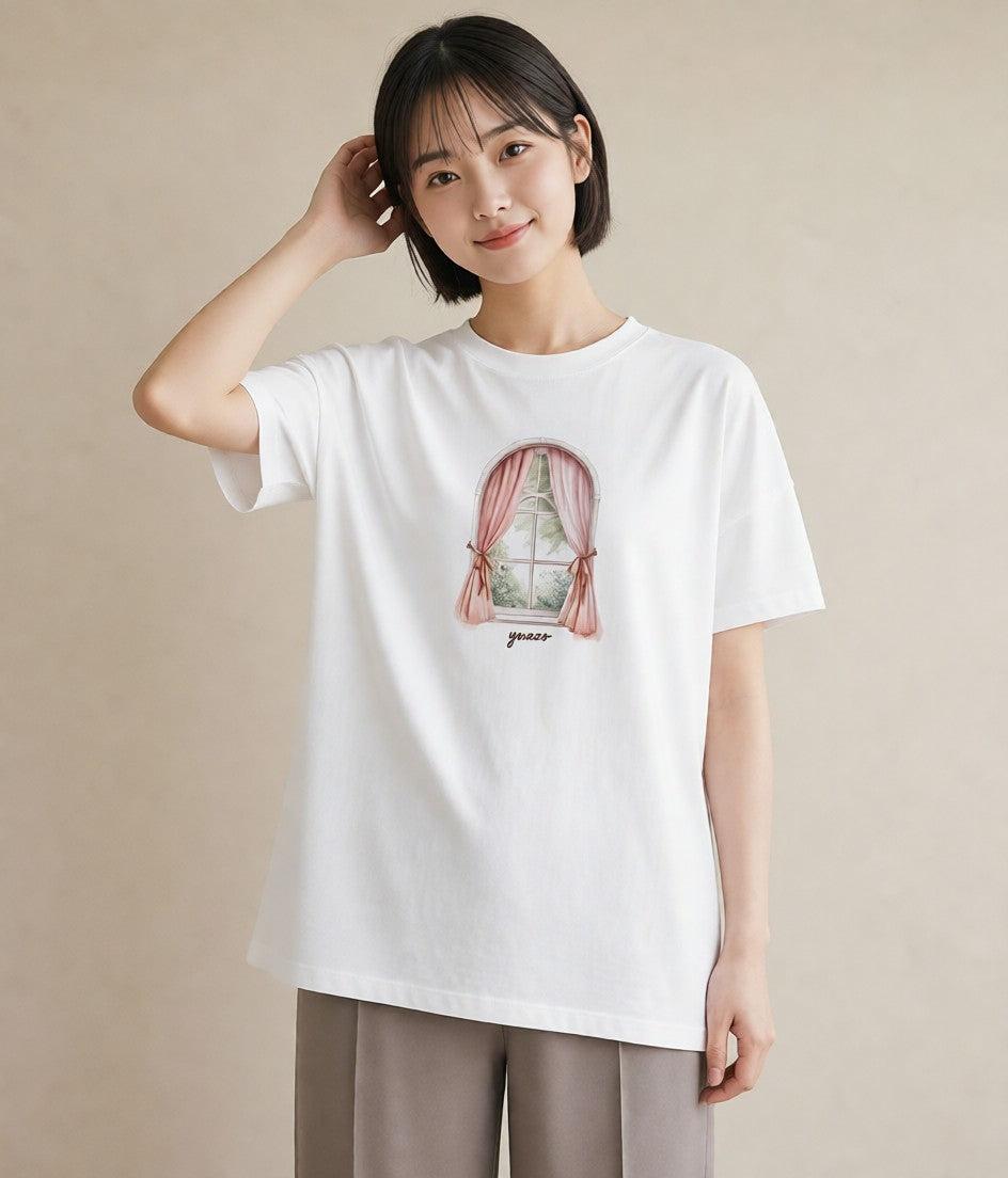 プリントTシャツ レディース 夕暮れ バルコニー 夕焼け ナチュラル アンティーク イラスト 休日コーデ 帰省 ラフ 白T YMAZO