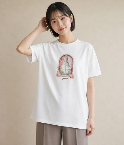 プリントTシャツ レディース 夕暮れ バルコニー 夕焼け ナチュラル アンティーク イラスト 休日コーデ 帰省 ラフ 白T YMAZO