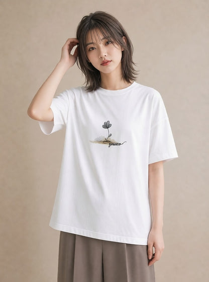 プリントTシャツ レディース 窓辺の雨 雨の日 窓 ナチュラル アンティーク イラスト カフェ服 クリスマス 白T YMAZO