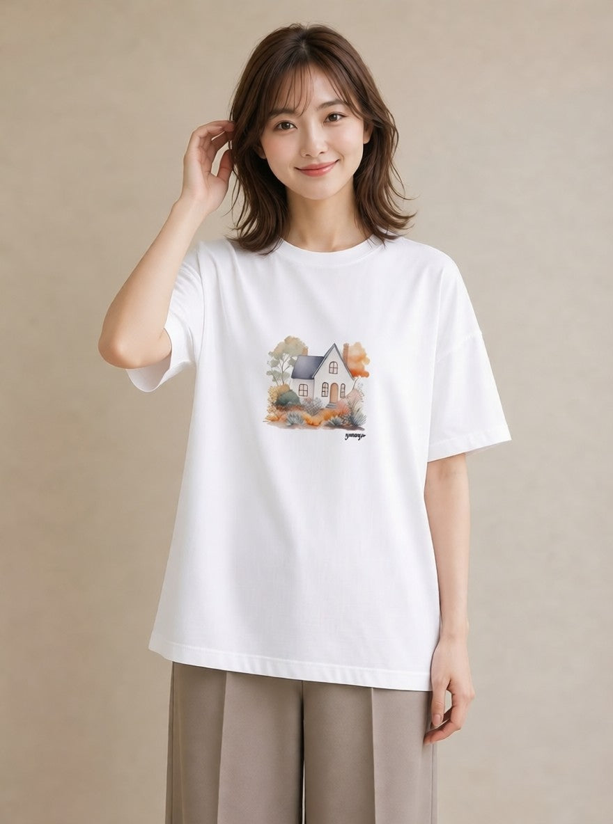 Tシャツ レディース 湖畔の小屋 湖 小屋 ナチュラル アンティーク イラスト アート風 公園 ママ 白T YMAZO