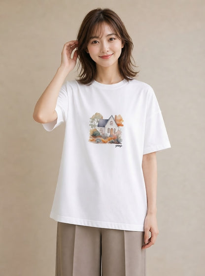 Tシャツ レディース 湖畔の小屋 湖 小屋 ナチュラル アンティーク イラスト アート風 公園 ママ 白T YMAZO