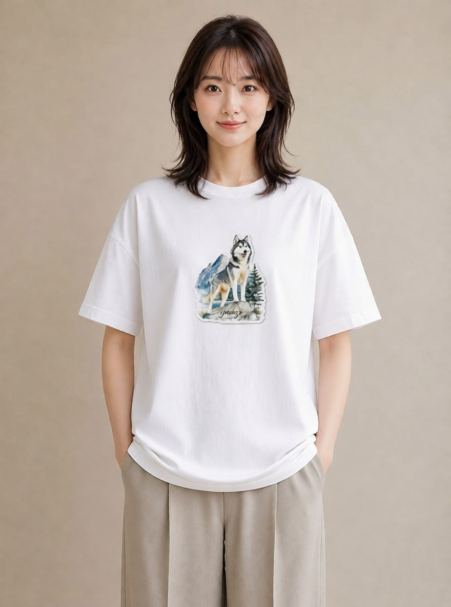 デザインTシャツ レディース シベリアンハスキー 犬 いぬ イラスト 手描き風 ギフト 母の日 白T YMAZO