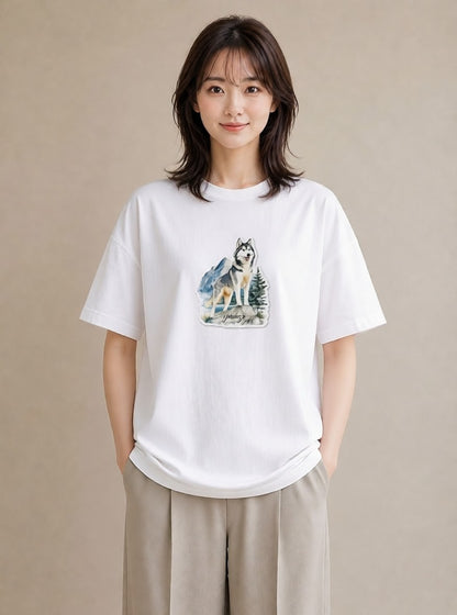デザインTシャツ レディース シベリアンハスキー 犬 いぬ イラスト 手描き風 ギフト 母の日 白T YMAZO