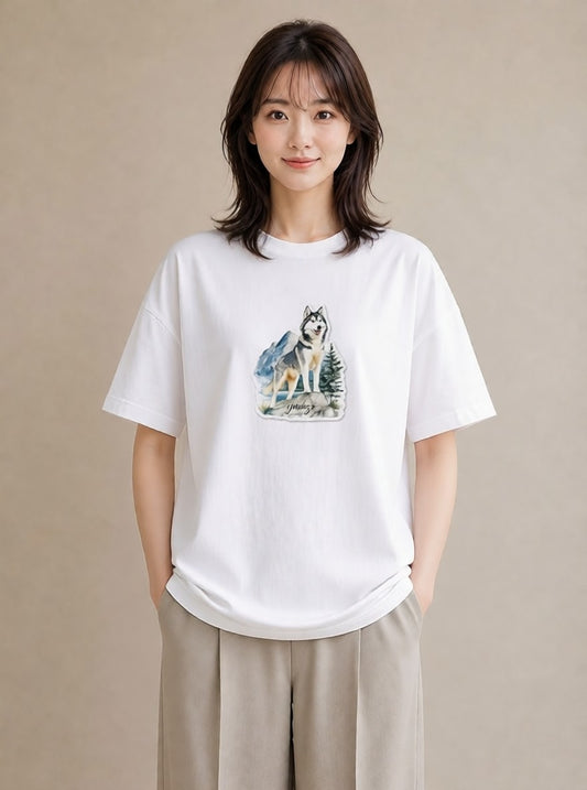 デザインTシャツ レディース シベリアンハスキー 犬 いぬ イラスト 手描き風 ギフト 母の日 白T YMAZO