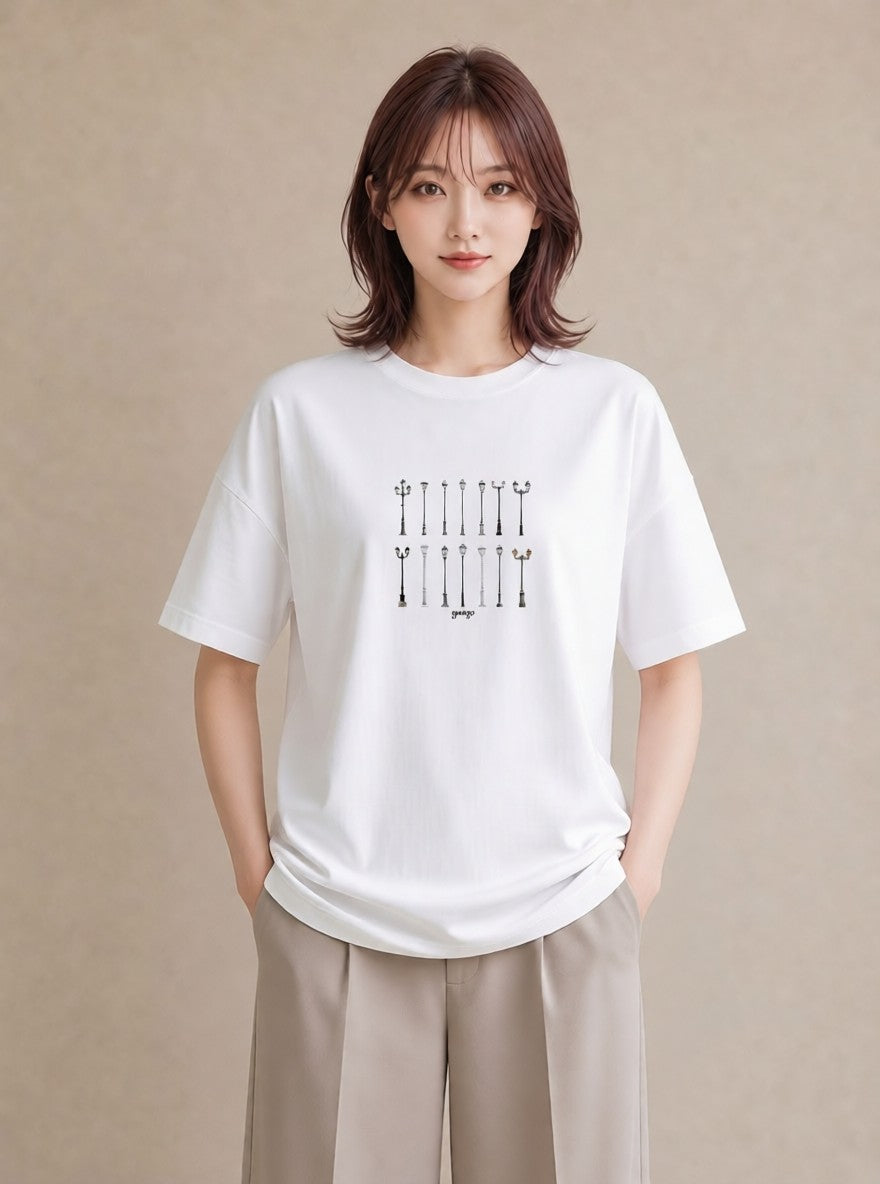 Tシャツ レディース 街灯 夜霧 夜 ナチュラル アンティーク イラスト きれいめカジュアル 夏コーデ 通学 白T YMAZO