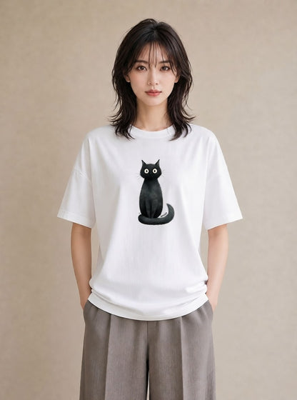 デザインTシャツ レディース 黒猫 猫 ねこ イラスト ナチュラル ママ カフェ服 白T YMAZO