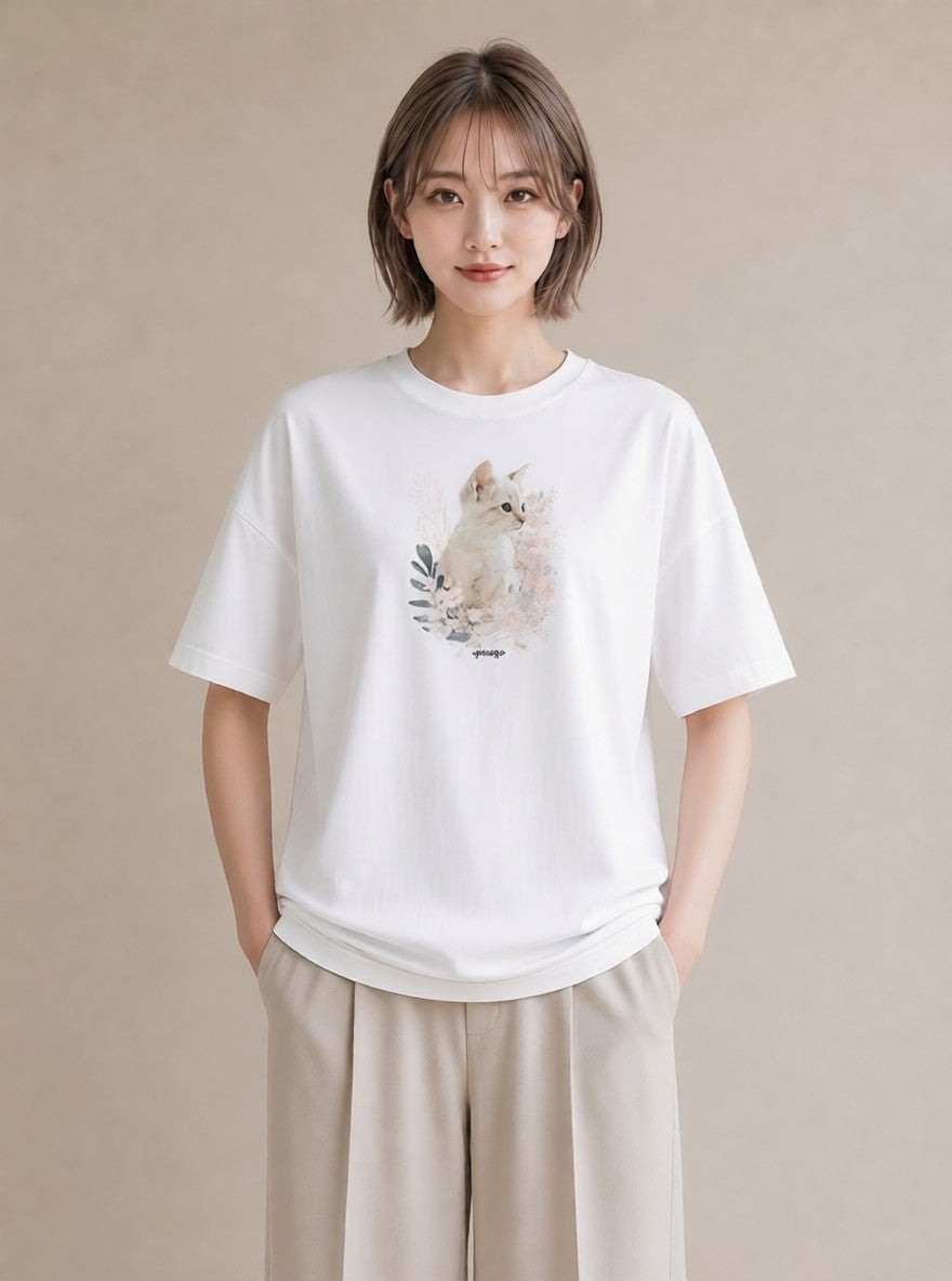 プリントTシャツ レディース シャム柄 猫 ねこ イラスト シンプル 女性向けギフト 散歩 白T YMAZO