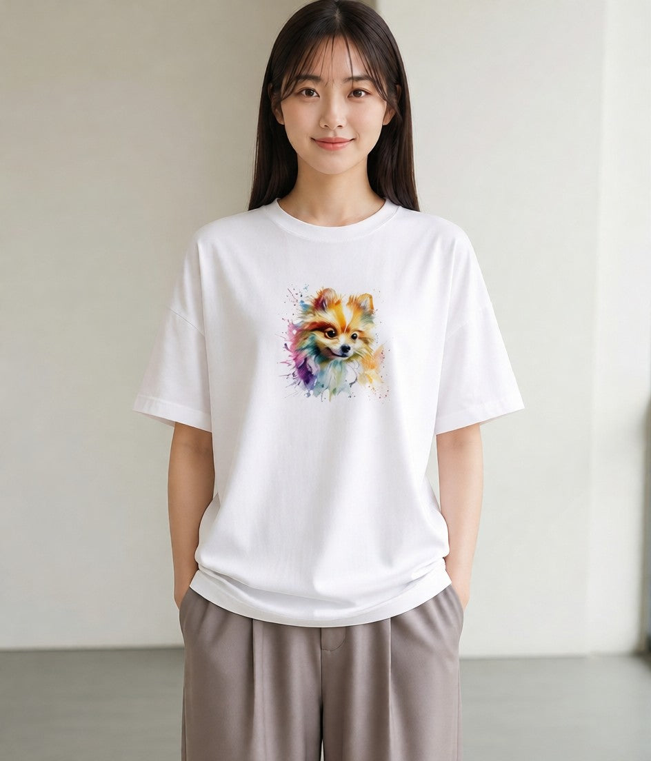 プリントTシャツ レディース ポメラニアン ポメ 犬 いぬ イラスト 淡色 お出かけ 普段着 白T YMAZO