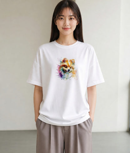 プリントTシャツ レディース ポメラニアン ポメ 犬 いぬ イラスト 淡色 お出かけ 普段着 白T YMAZO