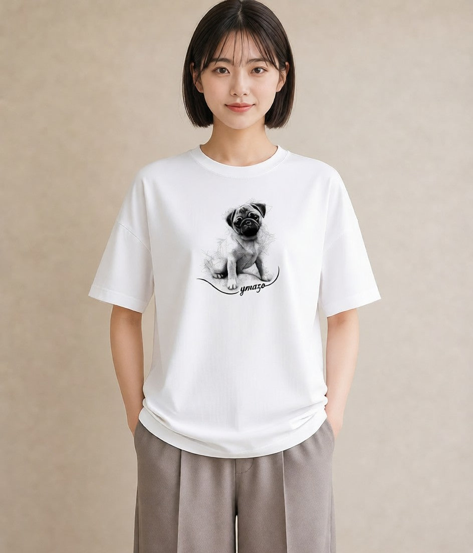 半袖Tシャツ レディース パグ 犬 いぬ イラスト ミニマル 散歩 お出かけ 白T YMAZO
