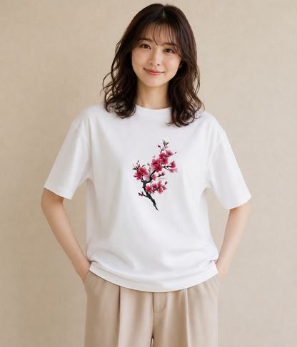 半袖Tシャツ レディース 梅 花 花柄 イラスト 週末コーデ 敬老の日 白T YMAZO