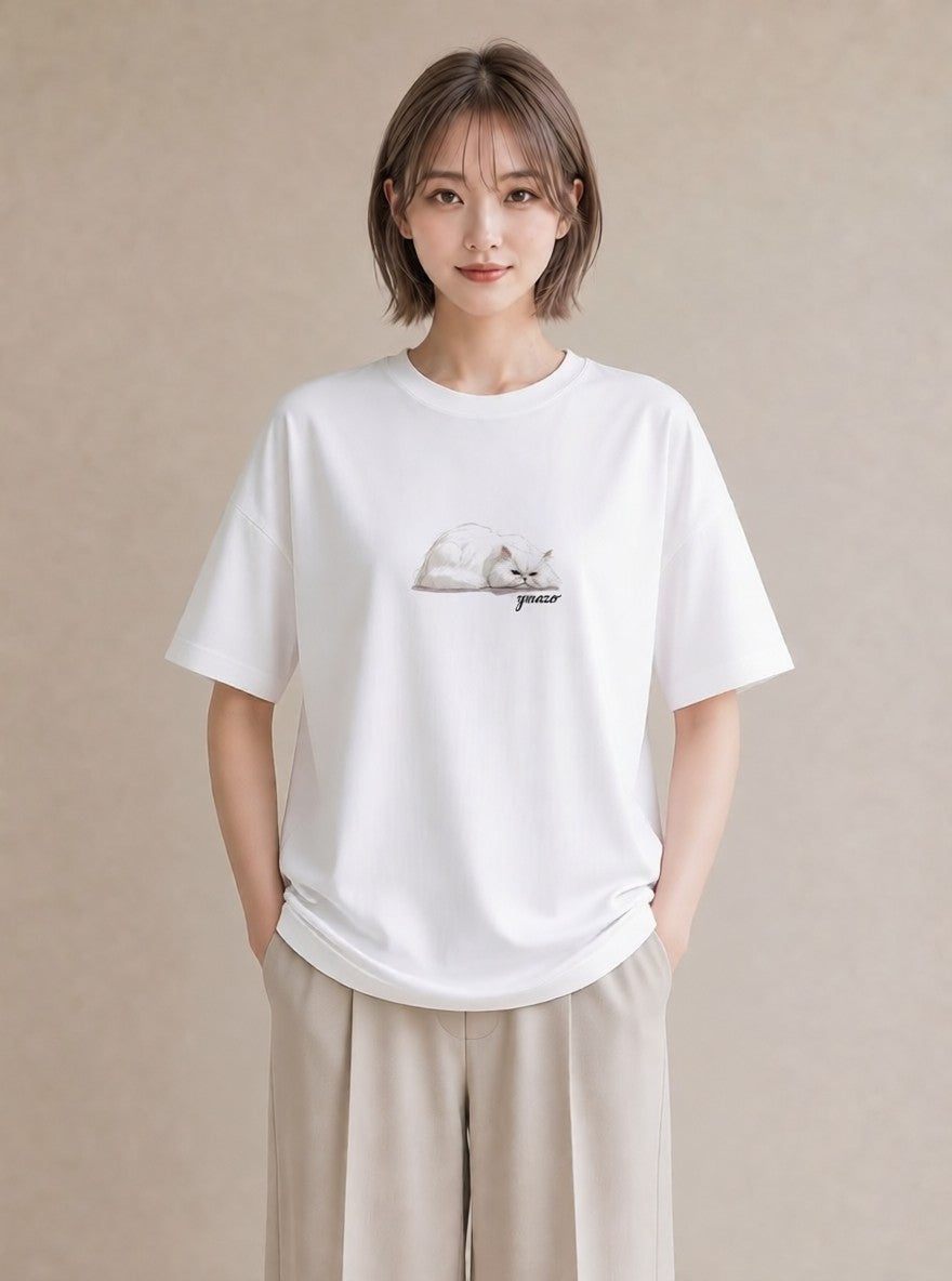 デザインTシャツ レディース スコティッシュフォールド 猫 ねこ イラスト 母の日 ビーチ 白T YMAZO