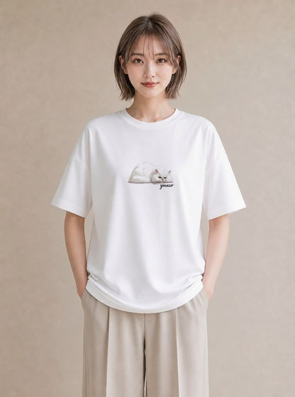 デザインTシャツ レディース スコティッシュフォールド 猫 ねこ イラスト 母の日 ビーチ 白T YMAZO