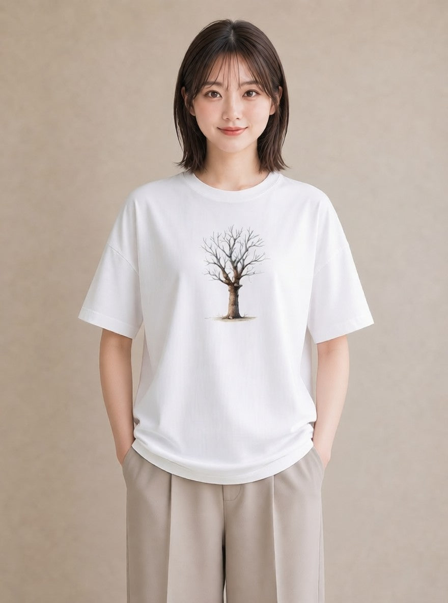 半袖Tシャツ レディース 木 植物 ボタニカル イラスト ラフカジュアル 海 カフェ巡り 白T YMAZO