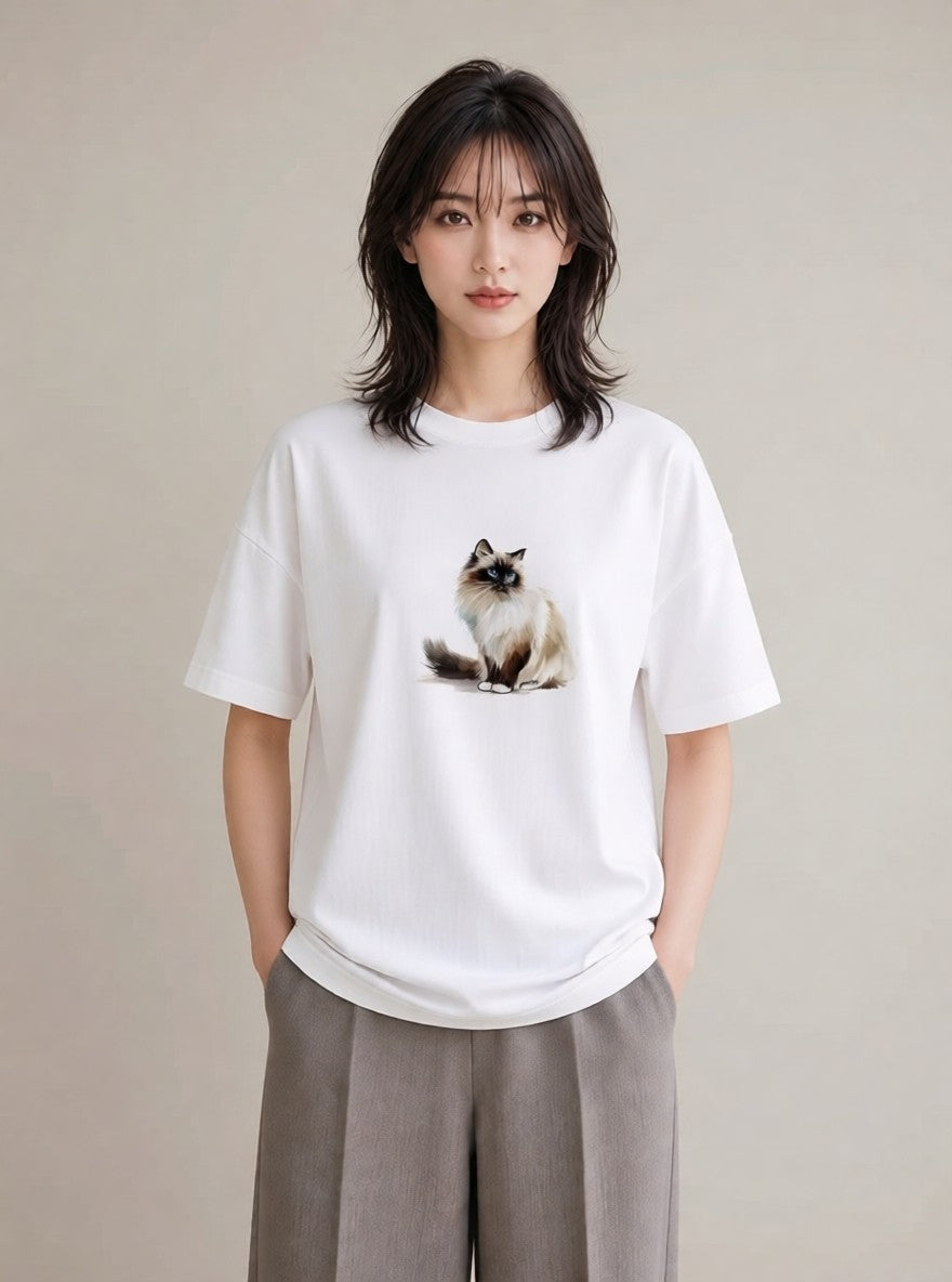 プリントTシャツ レディース おすわり猫 猫 ねこ イラスト フェミニン 普段着 週末コーデ 白T YMAZO