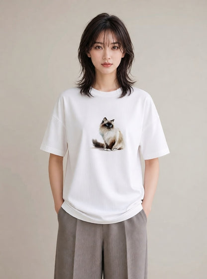 プリントTシャツ レディース おすわり猫 猫 ねこ イラスト フェミニン 普段着 週末コーデ 白T YMAZO