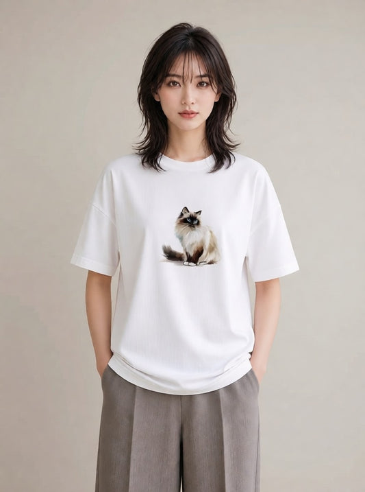 プリントTシャツ レディース おすわり猫 猫 ねこ イラスト フェミニン 普段着 週末コーデ 白T YMAZO