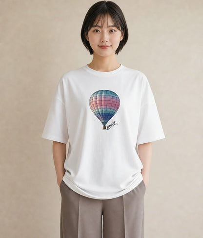 デザインTシャツ レディース 気球 星空 宇宙 イラスト 北欧風 デイリーウェア 休日 白T YMAZO