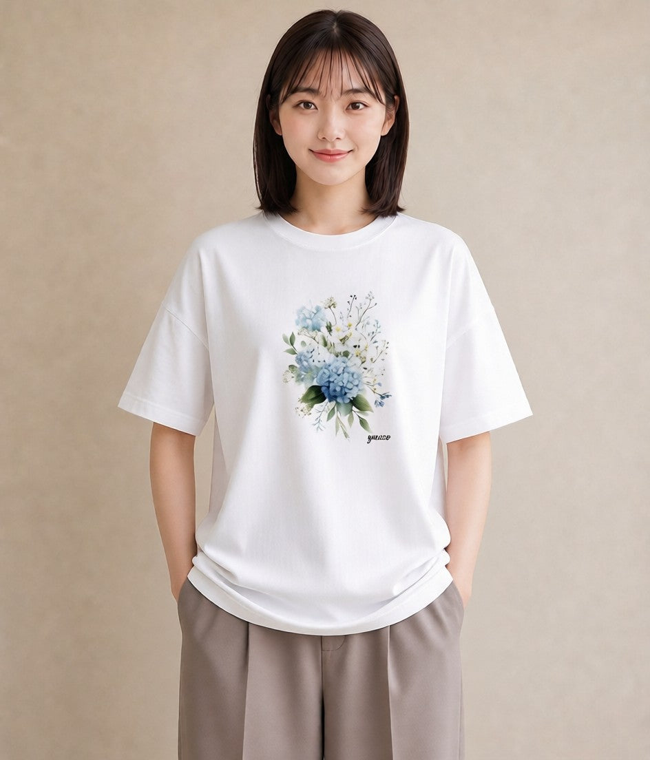 Tシャツ レディース あじさい 紫陽花 アジサイ 花 花柄 イラスト こなれ感 帰省 ラフ 白T YMAZO