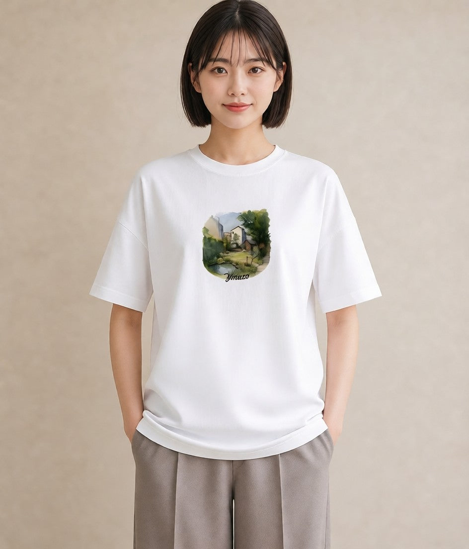 半袖Tシャツ レディース 雨上がりのベンチ ベンチ ナチュラル アンティーク イラスト 水彩風 お出かけ 普段着 白T YMAZO