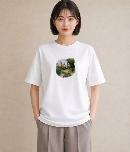 半袖Tシャツ レディース 雨上がりのベンチ ベンチ ナチュラル アンティーク イラスト 水彩風 お出かけ 普段着 白T YMAZO