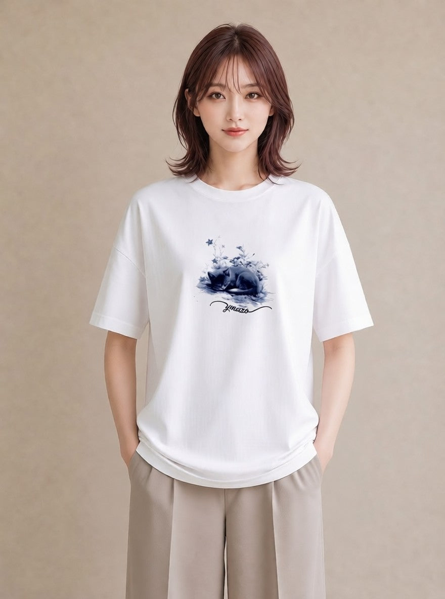 プリントTシャツ レディース ロシアンブルー 猫 ねこ イラスト 北欧風 普段着 週末コーデ 白T YMAZO