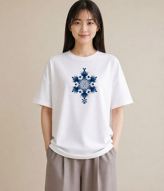 デザインTシャツ レディース 雪の結晶 星空 宇宙 イラスト フェミニン 通勤 在宅 白T YMAZO