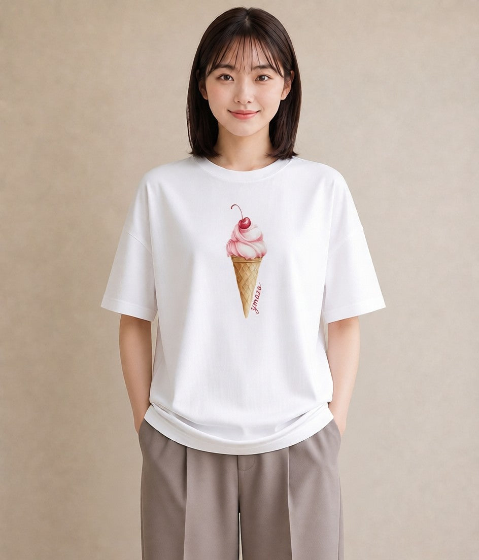 グラフィックTシャツ レディース ソフトクリーム 食べ物 フード イラスト きれいめカジュアル 敬老の日 ホワイトデー 白T YMAZO