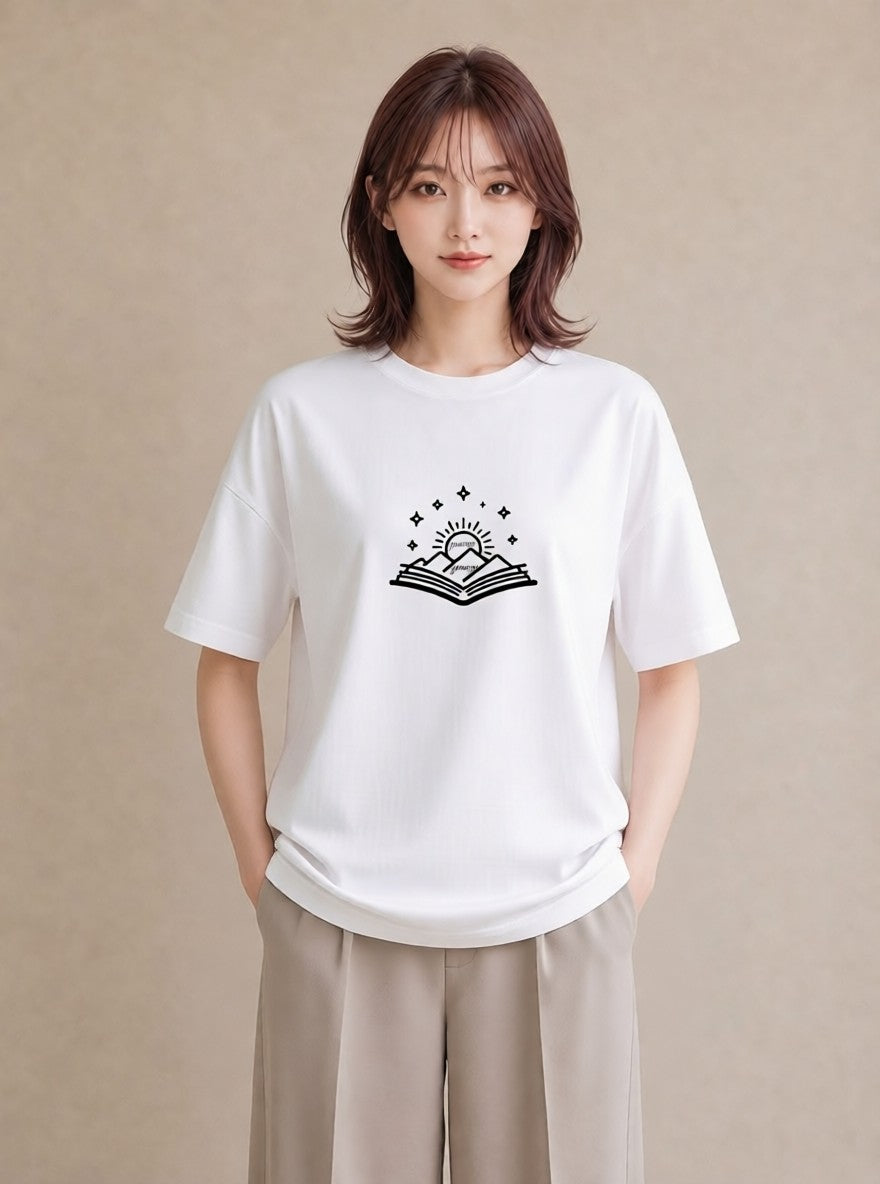半袖Tシャツ レディース 本 読書 ブック イラスト 線画 休日 ペアコーデ 白T YMAZO