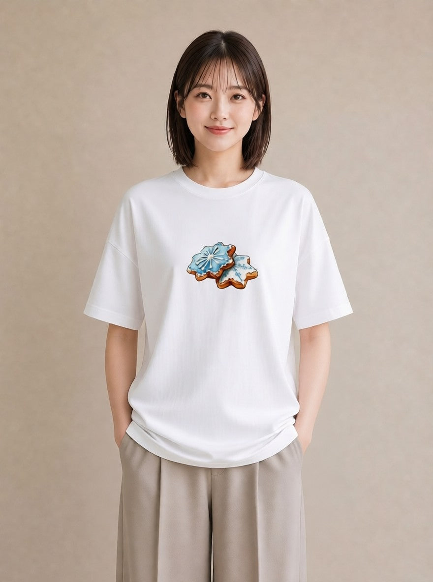 デザインTシャツ レディース 雪の結晶 星空 宇宙 イラスト きれいめカジュアル 敬老の日 ホワイトデー 白T YMAZO