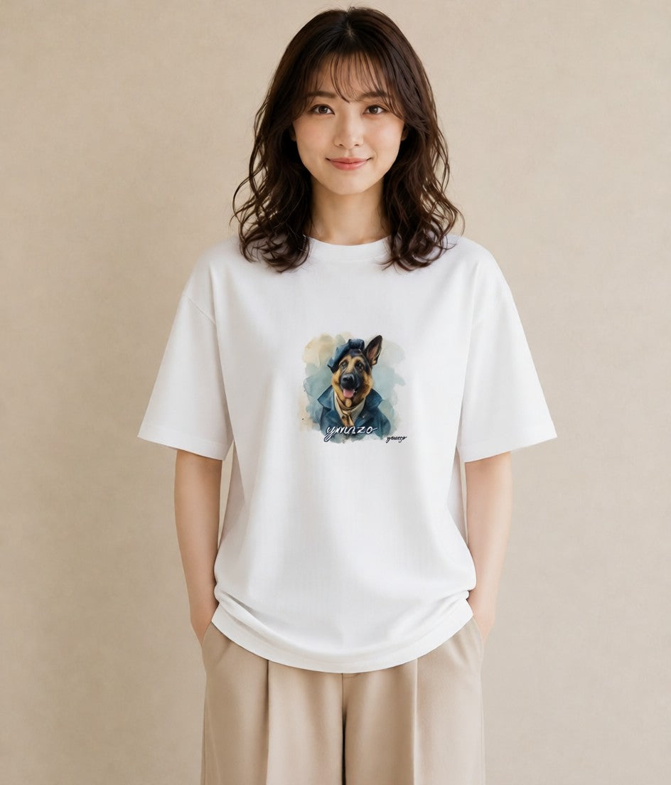 デザインTシャツ レディース ジャーマンシェパード 犬 いぬ イラスト カフェコーデ 週末コーデ 敬老の日 白T YMAZO
