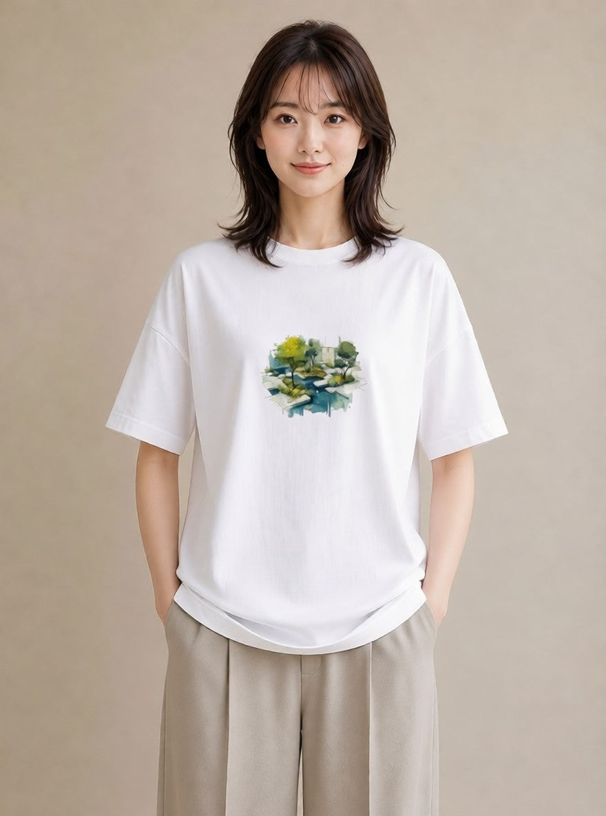 プリントTシャツ レディース 雨上がりのベンチ ベンチ ナチュラル アンティーク イラスト 可愛い 散歩 お出かけ 白T YMAZO