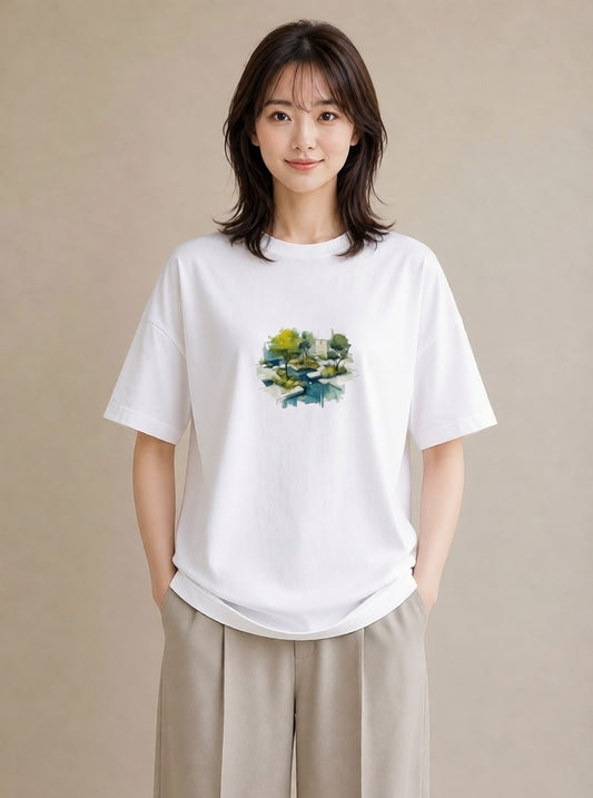 プリントTシャツ レディース 雨上がりのベンチ ベンチ ナチュラル アンティーク イラスト 可愛い 散歩 お出かけ 白T
