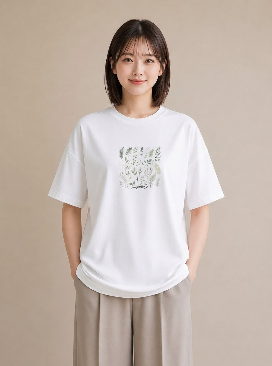 グラフィックTシャツ レディース ボタニカル 植物 イラスト カフェコーデ カジュアルコーデ 買い物 白T YMAZO