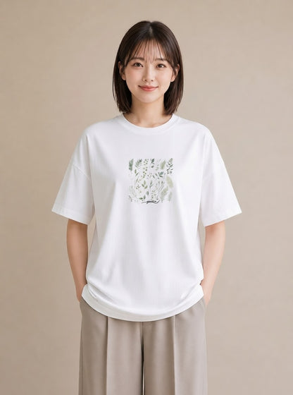 グラフィックTシャツ レディース ボタニカル 植物 イラスト カフェコーデ カジュアルコーデ 買い物 白T YMAZO