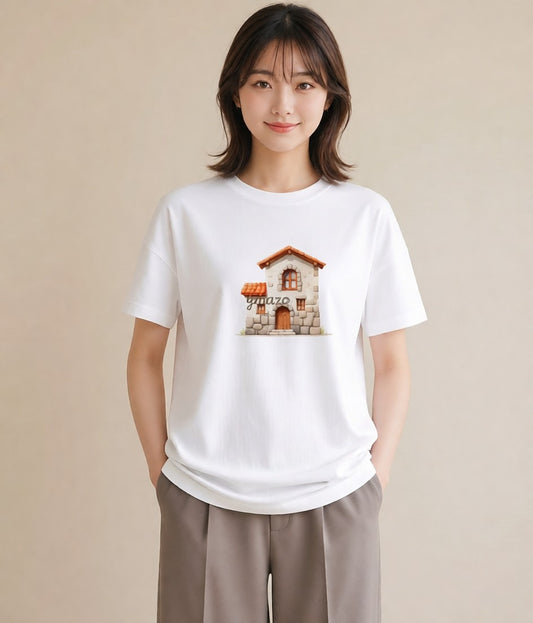 半袖Tシャツ レディース 湖畔の小屋 湖 小屋 ナチュラル アンティーク イラスト ボタニカル ミセス 春コーデ 白T YMAZO