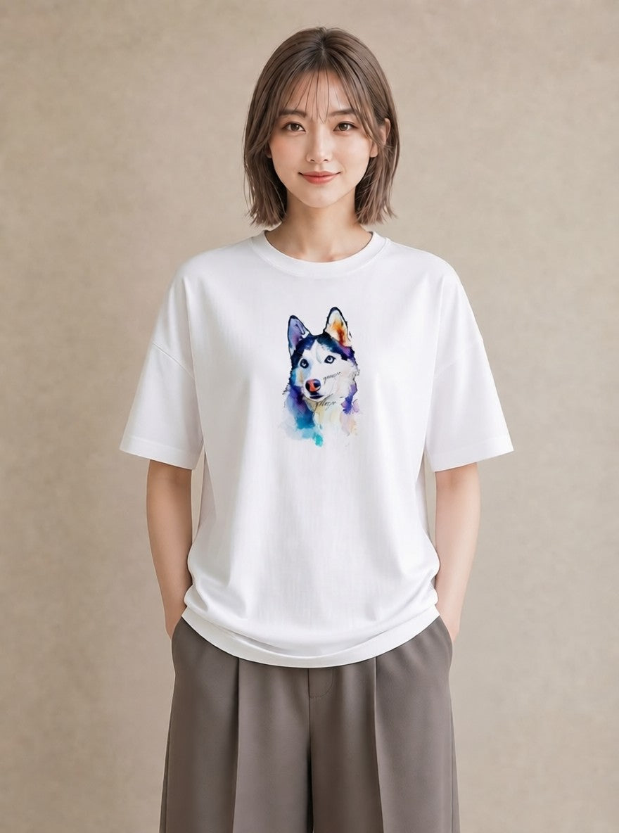 プリントTシャツ レディース シベリアンハスキー 犬 いぬ イラスト きれいめ 女子会 お揃い 白T YMAZO