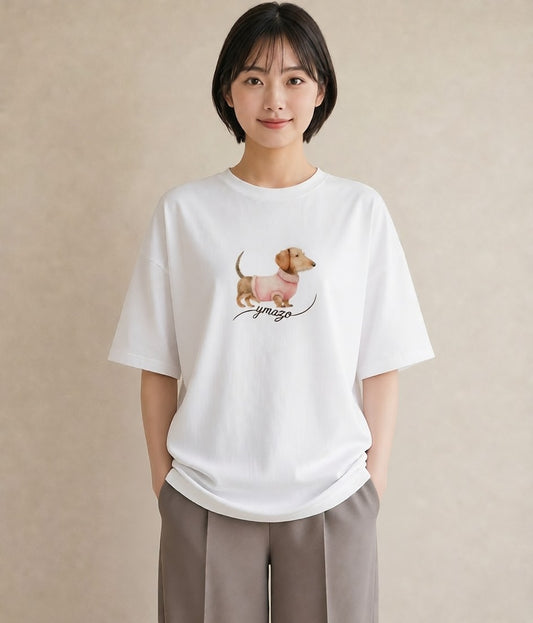 Tシャツ レディース ミニチュアダックスフンド 犬 いぬ イラスト ナチュラル 友達ギフト 部屋着 白T YMAZO