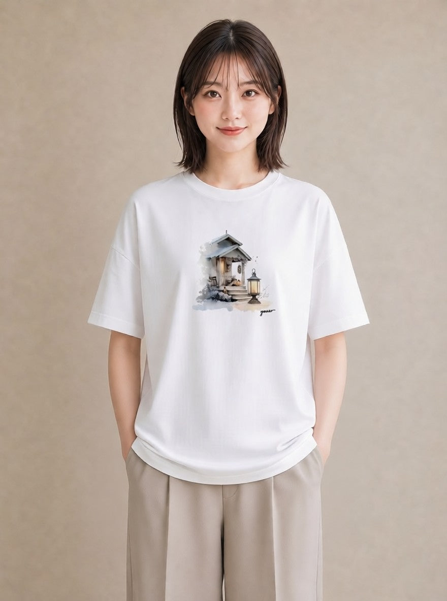 Tシャツ レディース 灯りの家 小屋 夜 ナチュラル アンティーク イラスト 可愛い 夏コーデ 通学 白T YMAZO