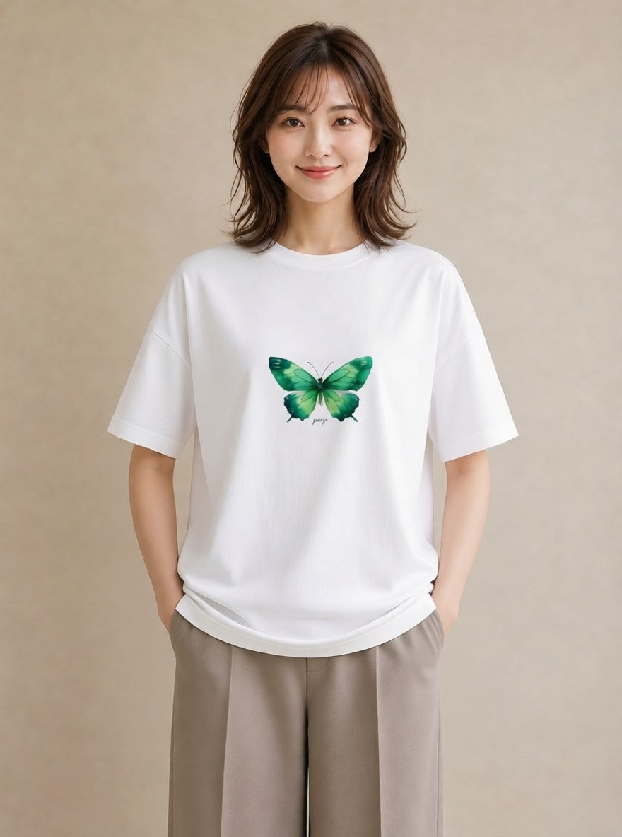 プリントTシャツ レディース ちょうちょ 蝶 バタフライ 昆虫 虫 イラスト ラフカジュアル 女性 旅行用 白T YMAZO